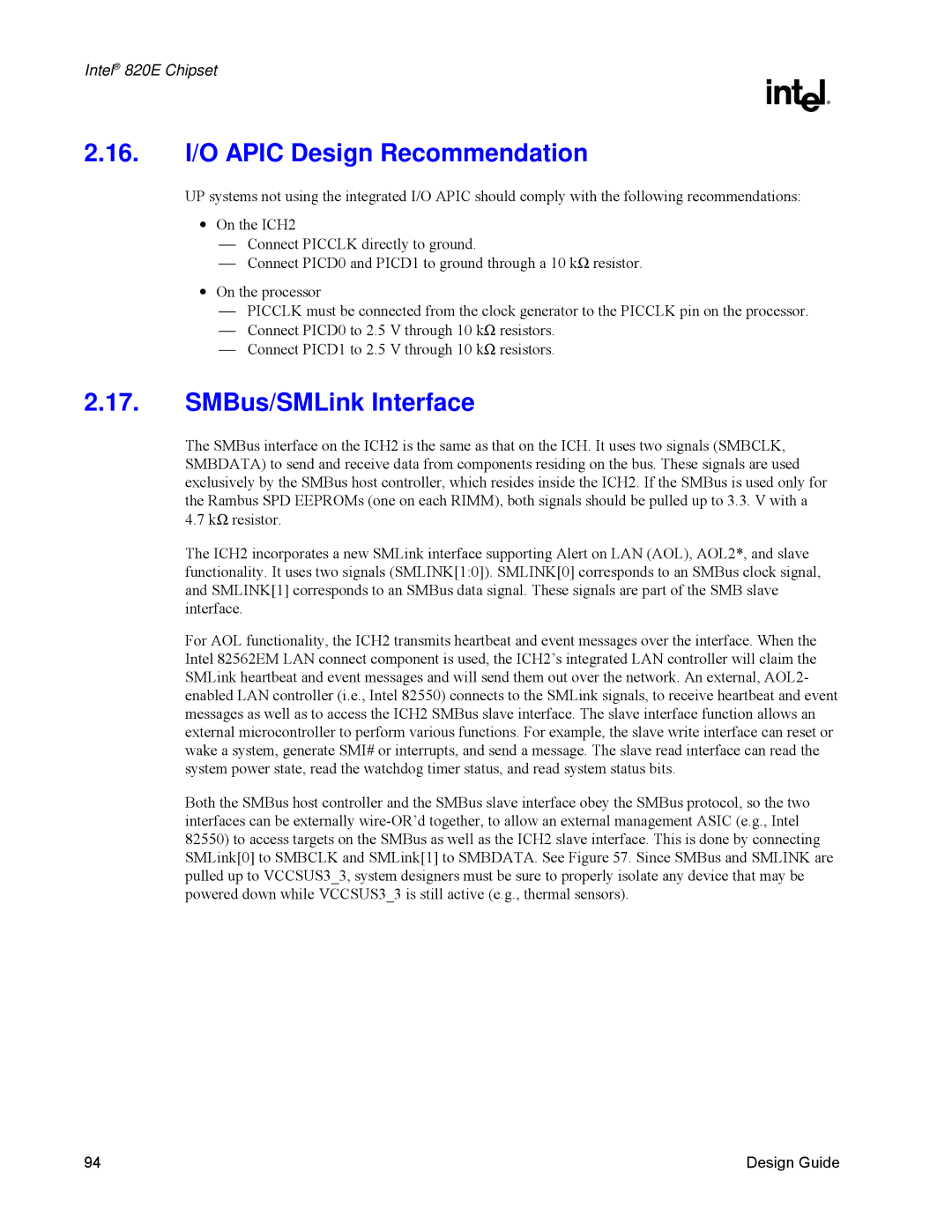 Intel 820E manual 16. I/O Apic Design Recommendation, SMBus/SMLink Interface 