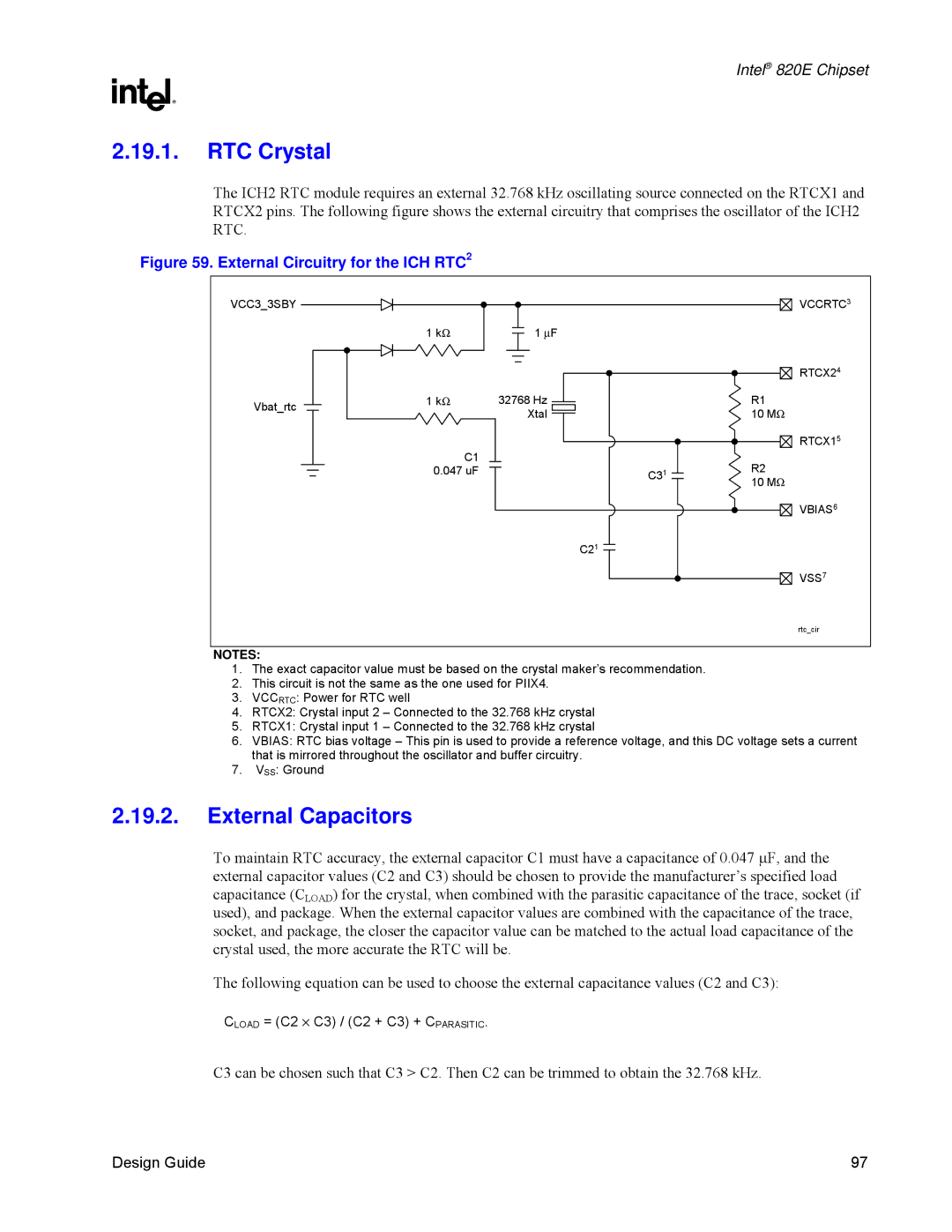 Intel 820E manual RTC Crystal, External Capacitors 