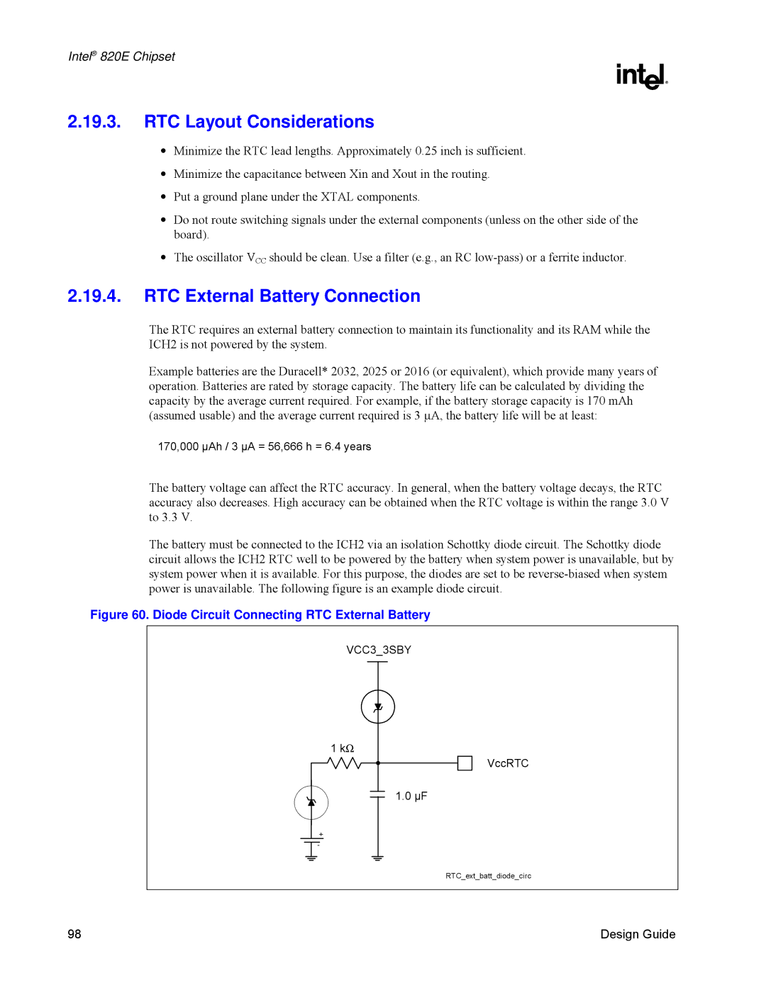 Intel 820E manual RTC Layout Considerations, RTC External Battery Connection 