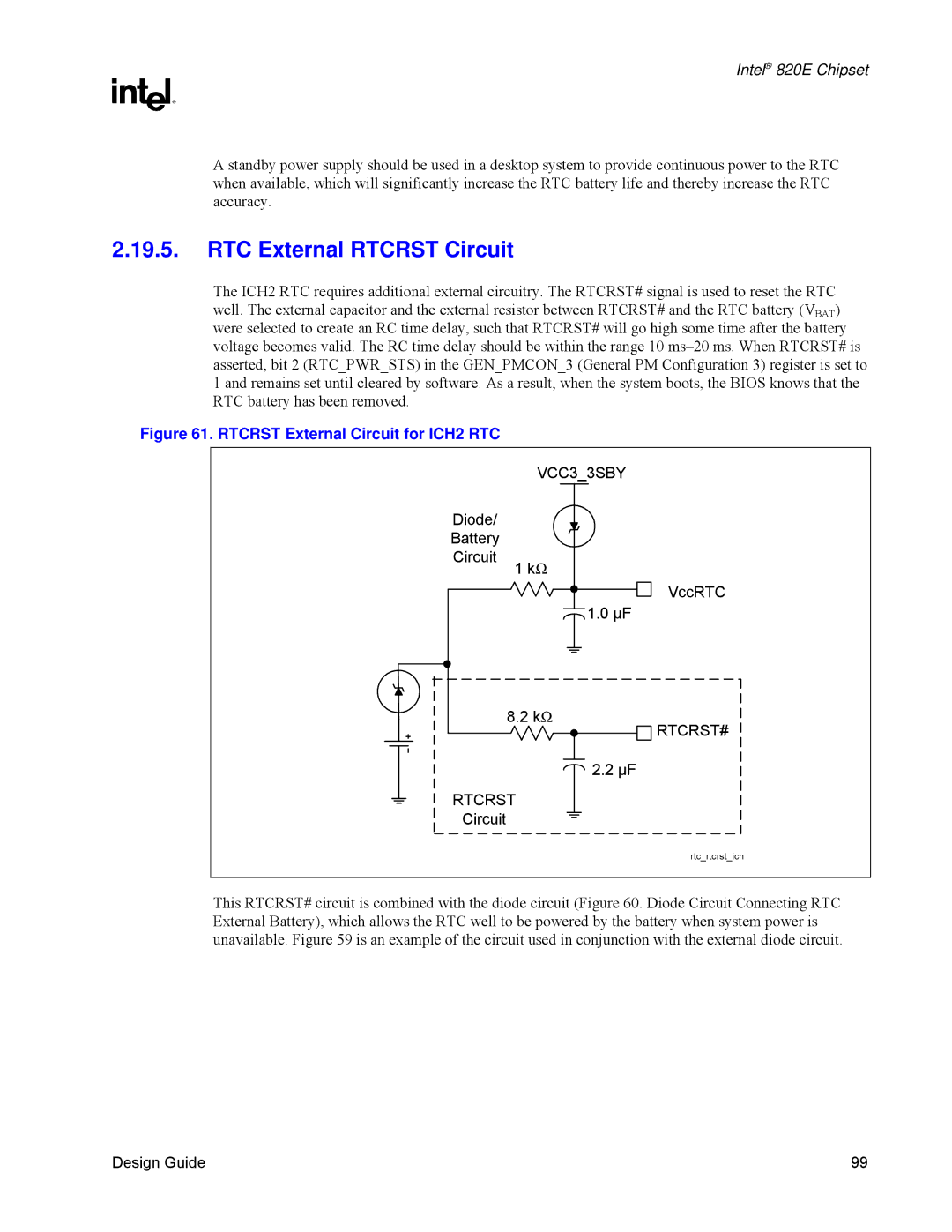 Intel 820E manual RTC External Rtcrst Circuit, Rtcrst External Circuit for ICH2 RTC 