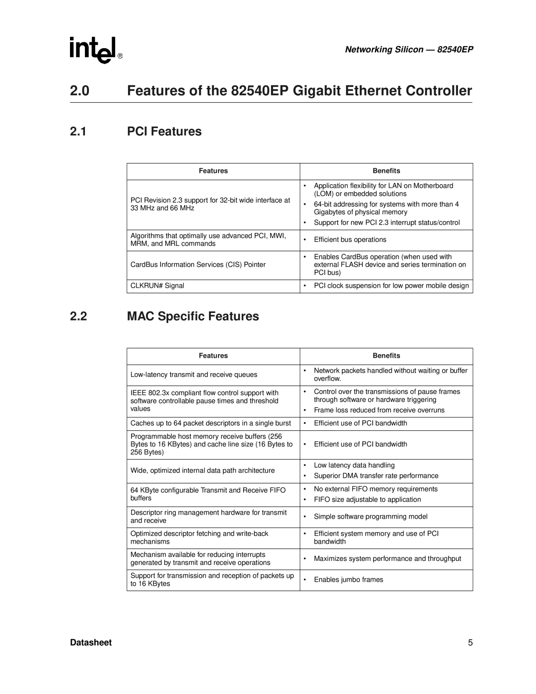 Intel 82540EP manual PCI Features, MAC Specific Features, Features Benefits, Application flexibility for LAN on Motherboard 