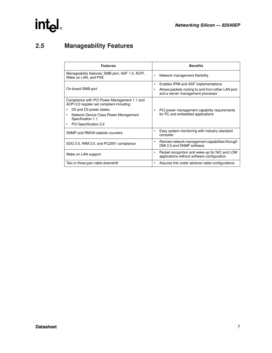 Intel 82540EP manual Manageability Features, A server management processor 