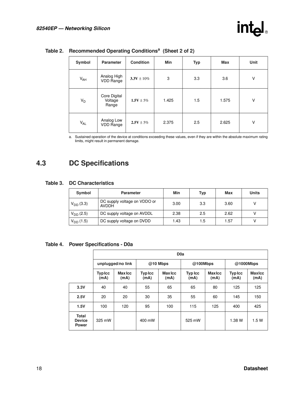 Intel 82540EP DC Specifications, Recommended Operating Conditions a Sheet 2, DC Characteristics, Power Specifications D0a 