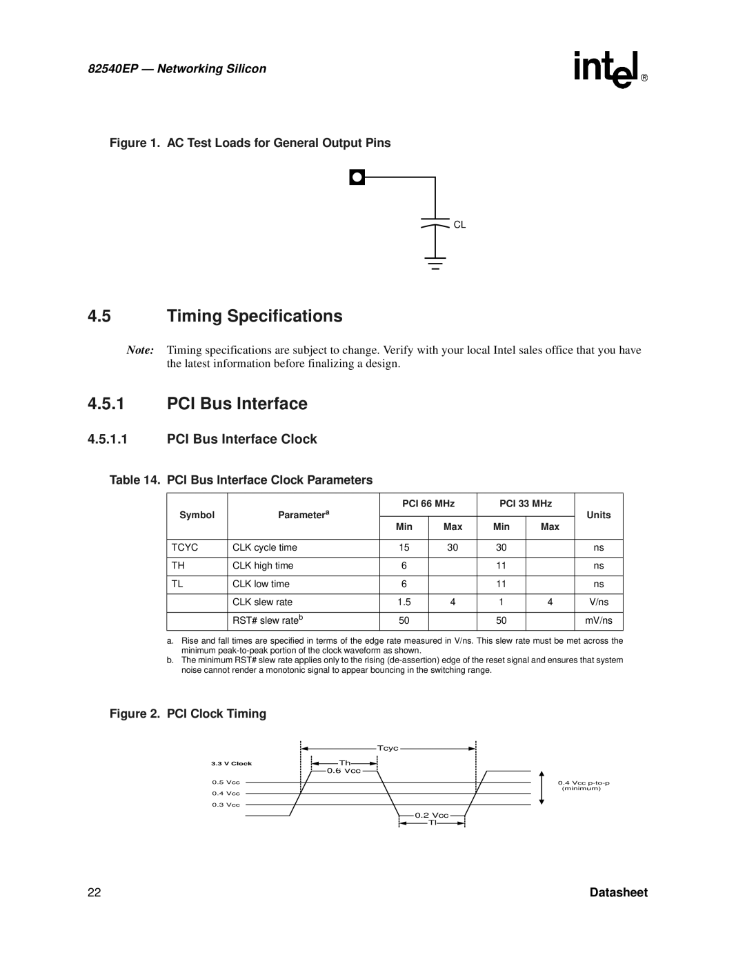 Intel 82540EP manual Timing Specifications PCI Bus Interface, PCI Bus Interface Clock Parameters, Tcyc 