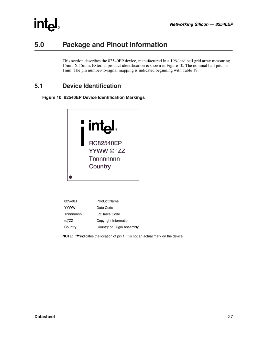 Intel manual Device Identification, 82540EP Product Name, Yyww, Date Code 