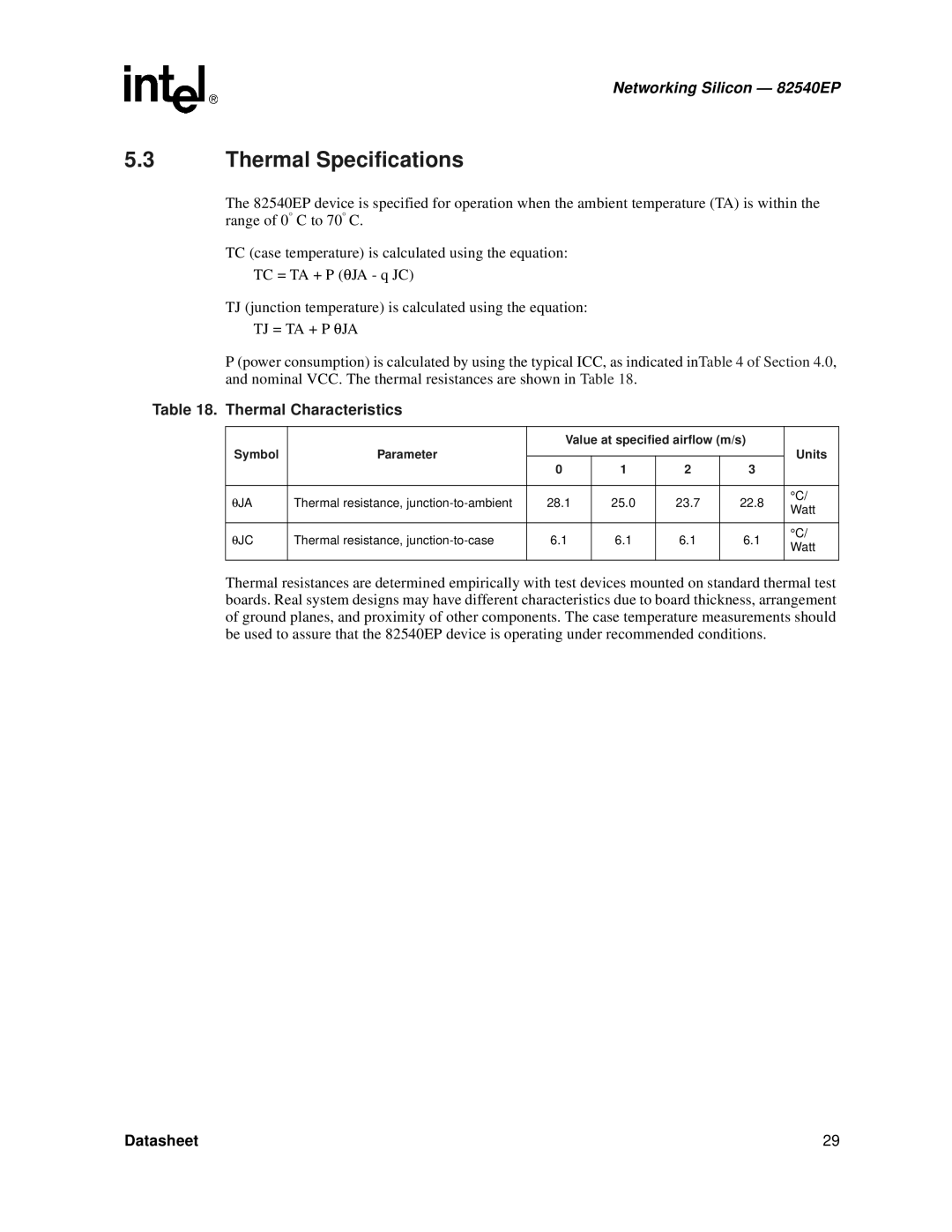 Intel 82540EP manual Thermal Specifications, Thermal Characteristics, Symbol Parameter Value at specified airflow m/s Units 