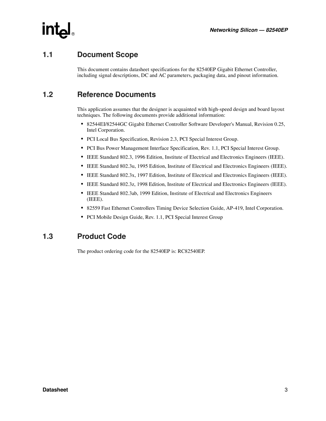 Intel 82540EP manual Document Scope, Reference Documents, Product Code 