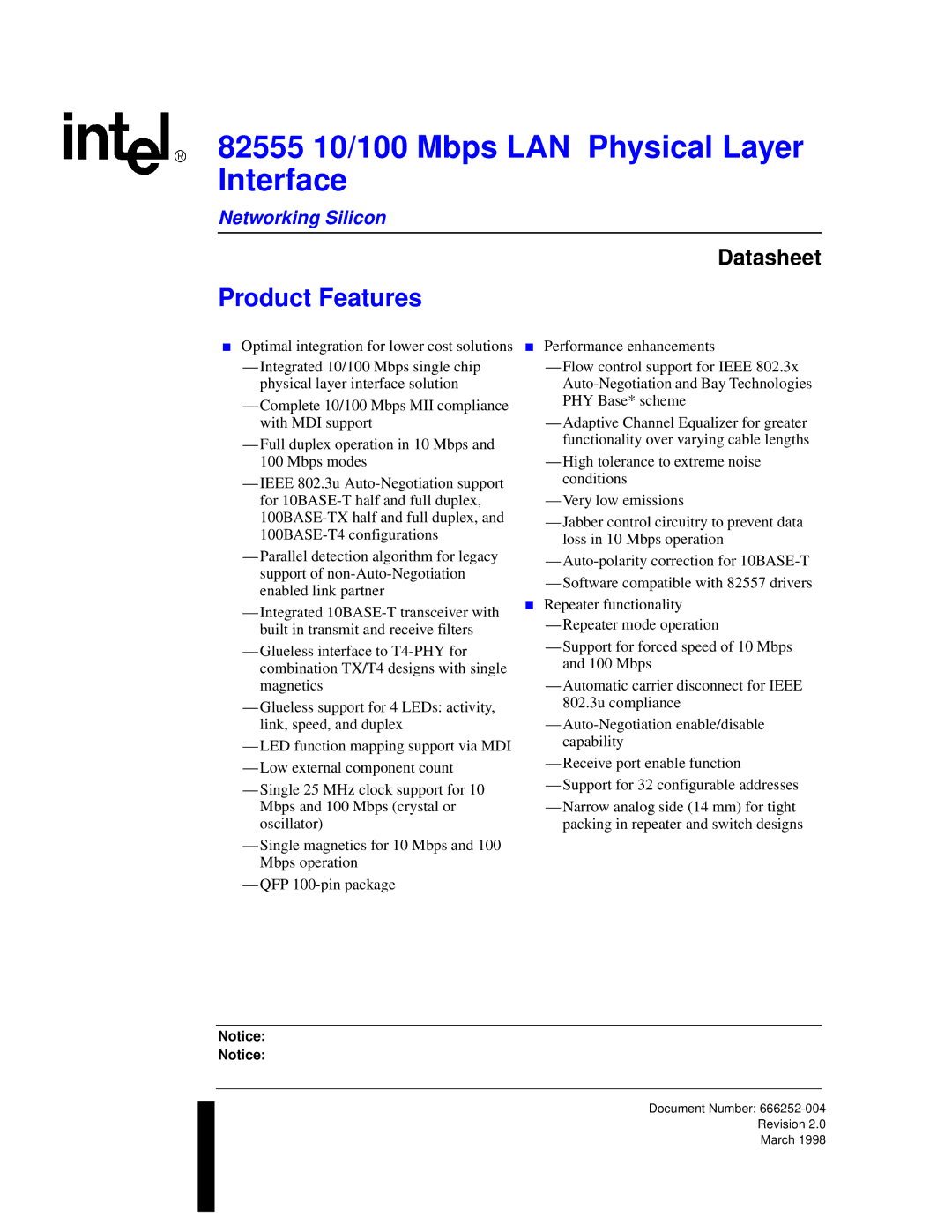 Intel manual 82555 10/100 Mbps LAN Physical Layer Interface, Product Features 