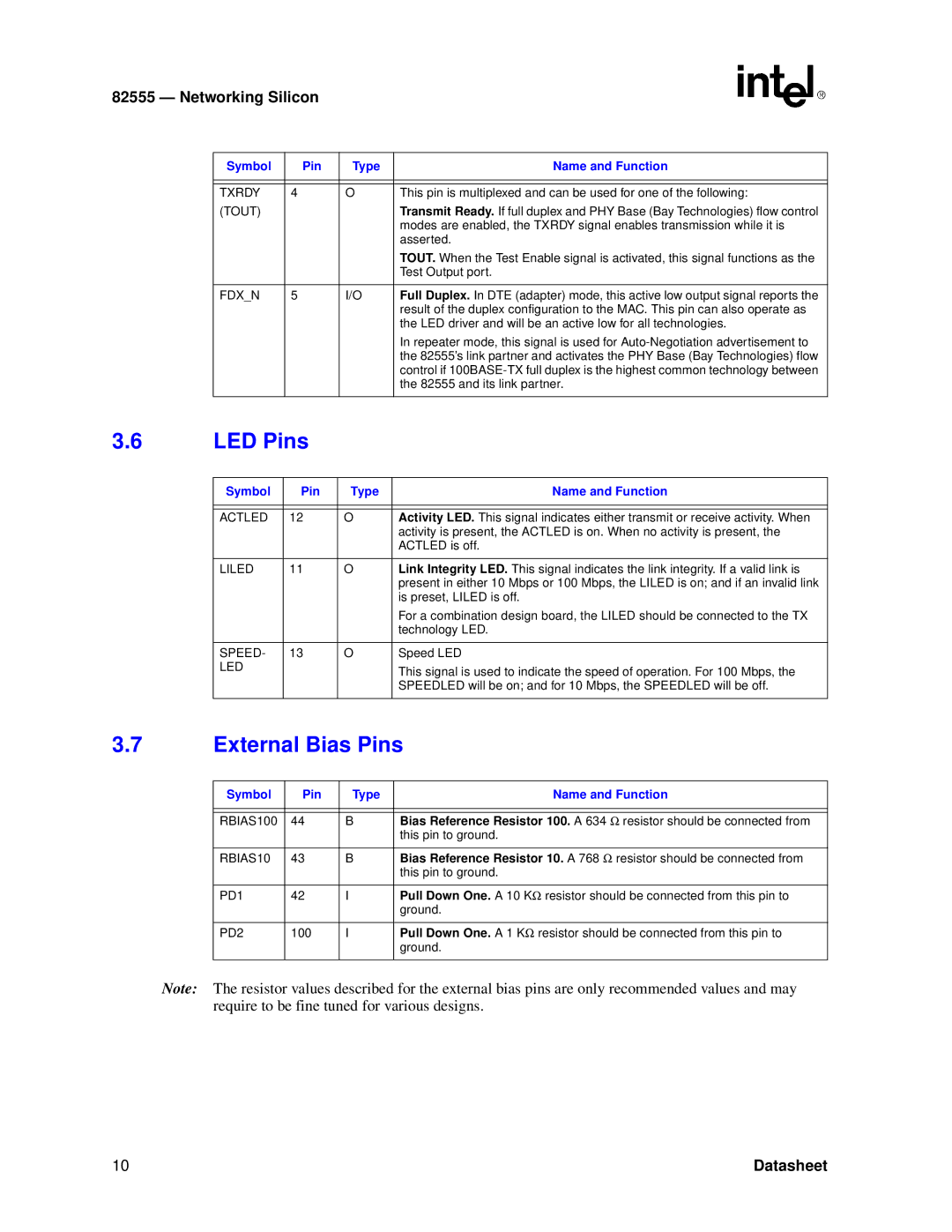 Intel 82555 manual LED Pins, External Bias Pins 