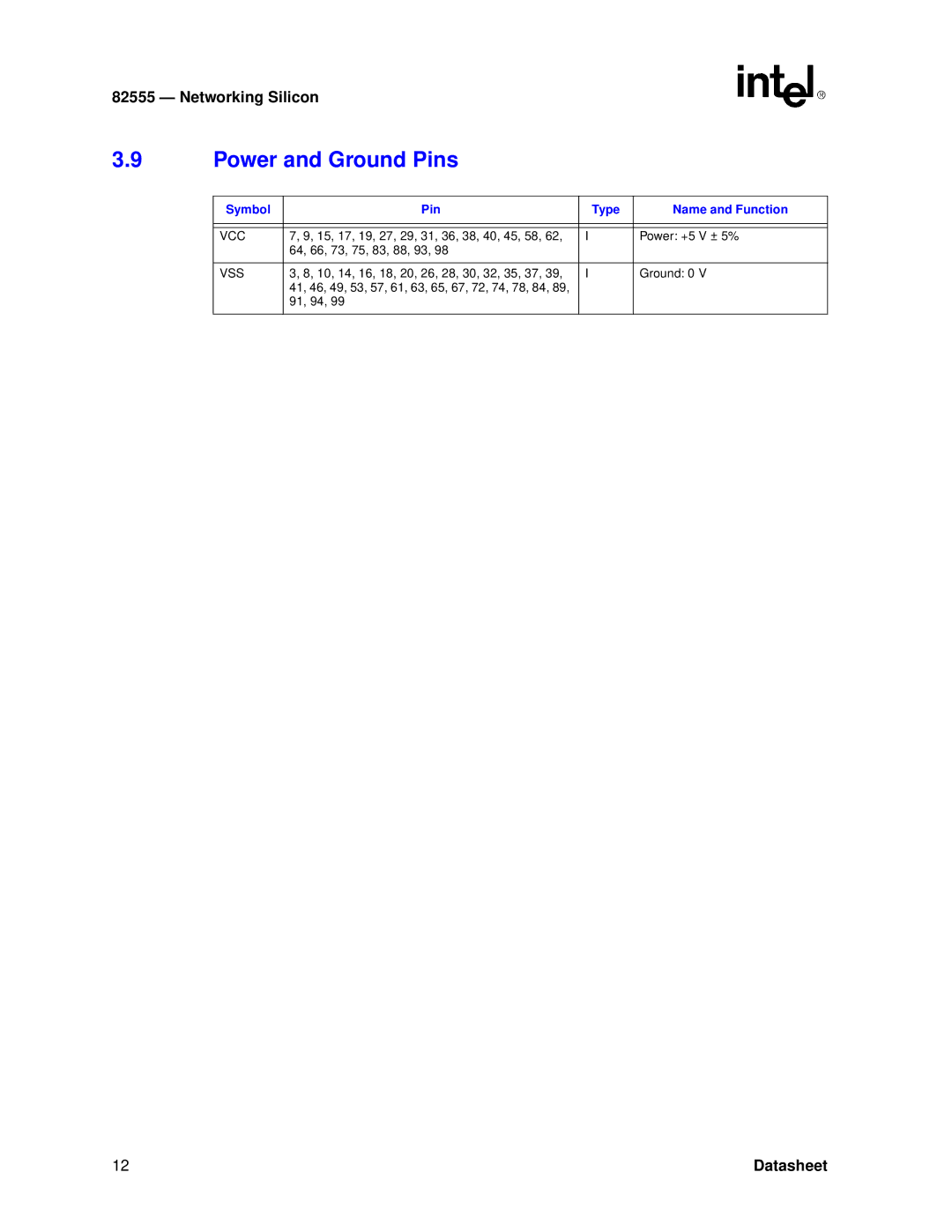 Intel 82555 manual Power and Ground Pins, Vcc, Vss 