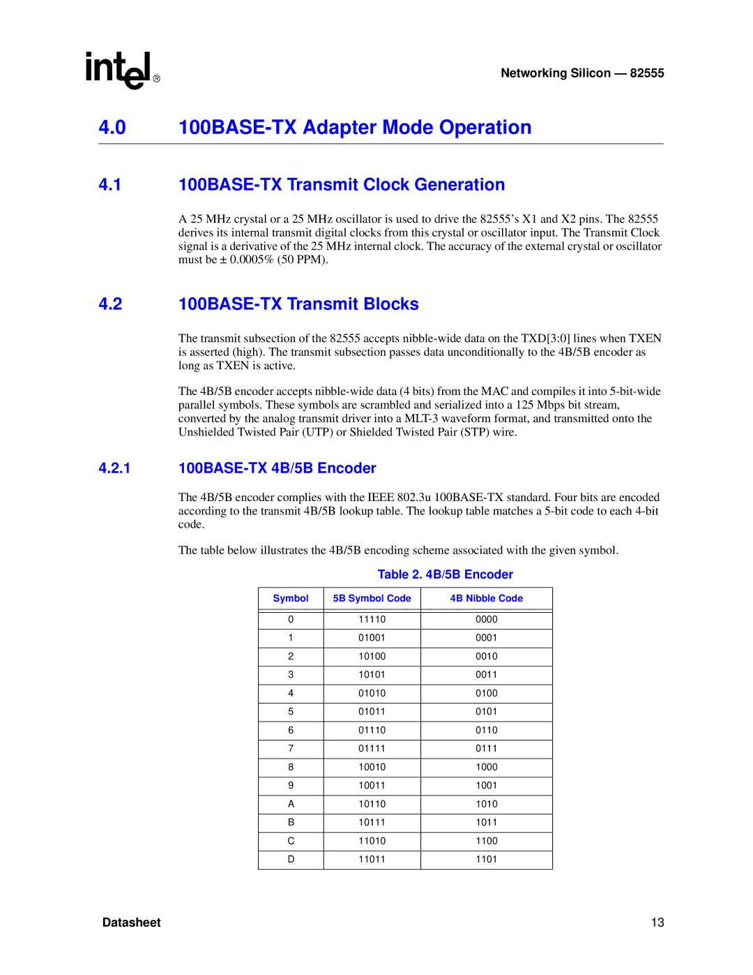 Intel 82555 manual 100BASE-TX Adapter Mode Operation, 100BASE-TX Transmit Clock Generation, 100BASE-TX Transmit Blocks 