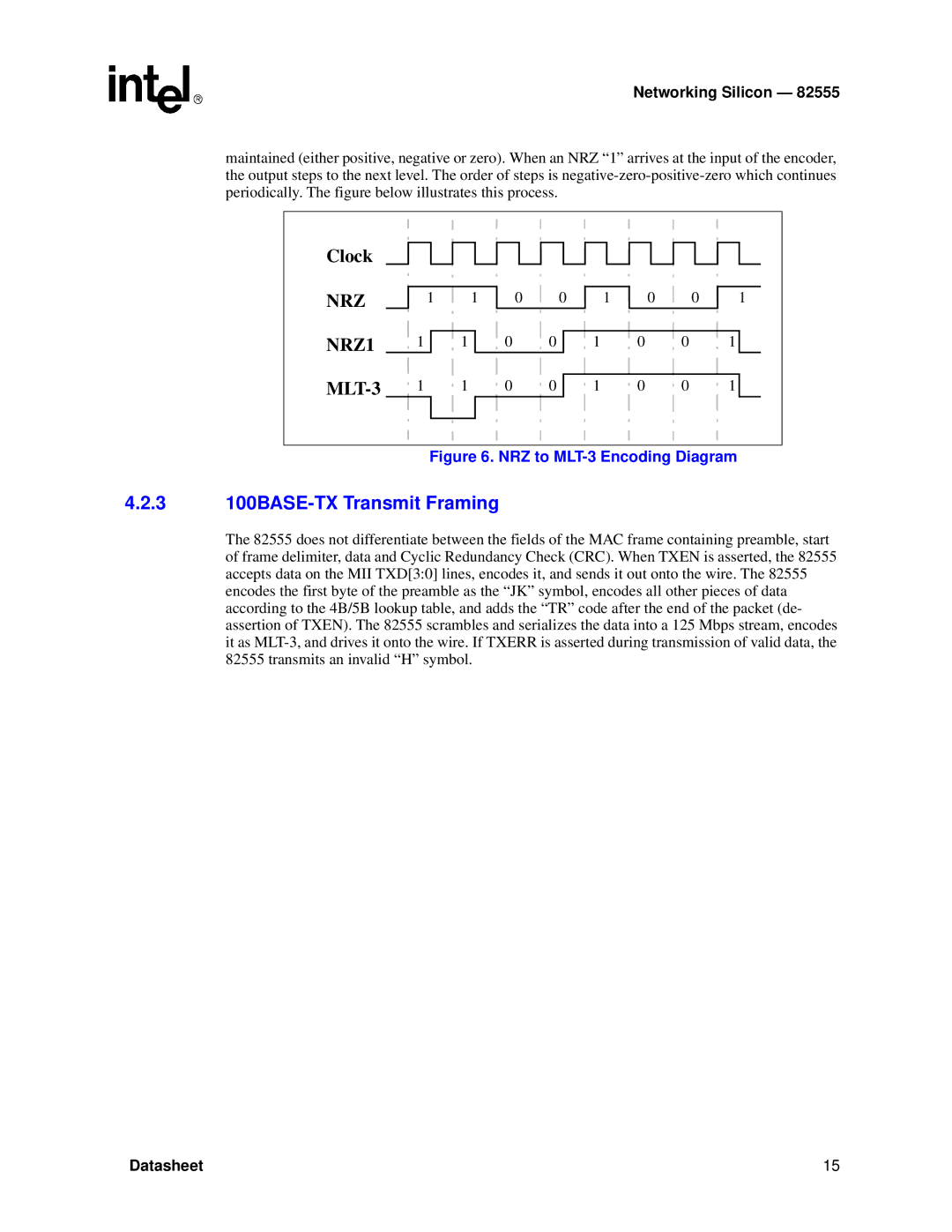 Intel 82555 manual 3 100BASE-TX Transmit Framing, NRZ to MLT-3 Encoding Diagram 