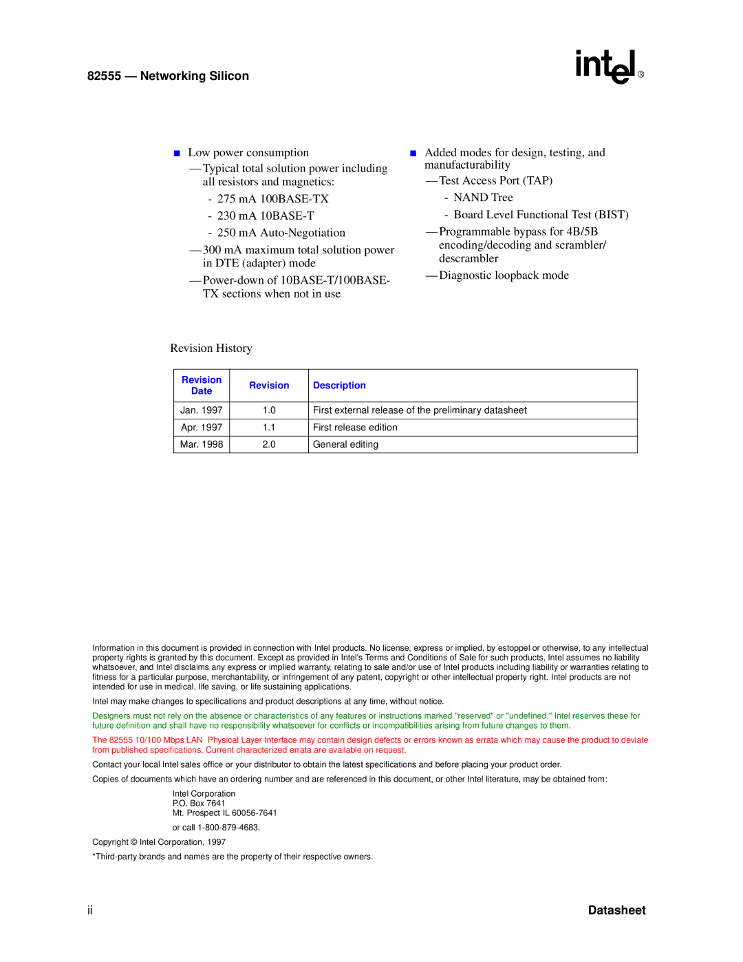 Intel 82555 manual Networking Silicon, Revision Description 