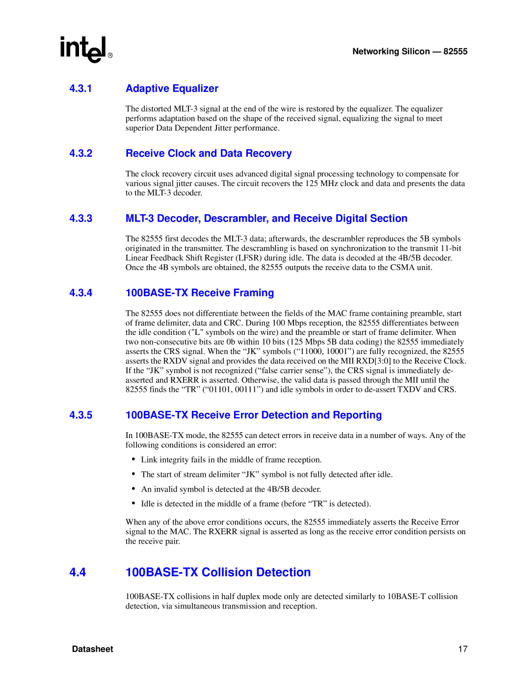 Intel 82555 manual 100BASE-TX Collision Detection 