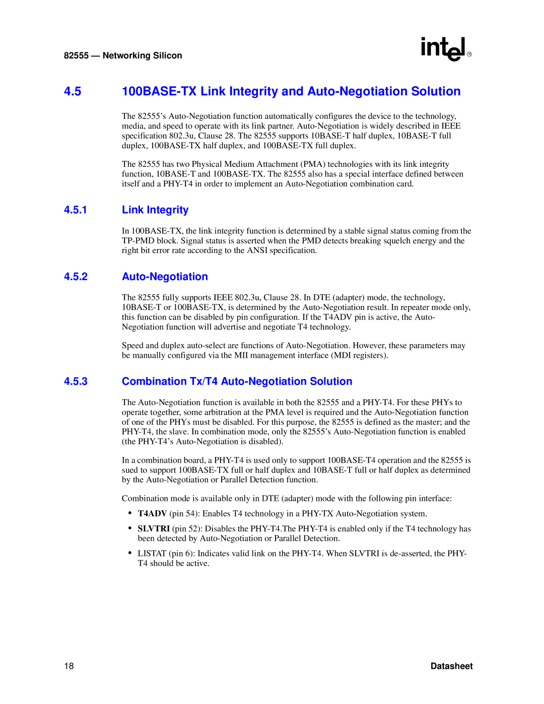 Intel 82555 manual 100BASE-TX Link Integrity and Auto-Negotiation Solution, Combination Tx/T4 Auto-Negotiation Solution 