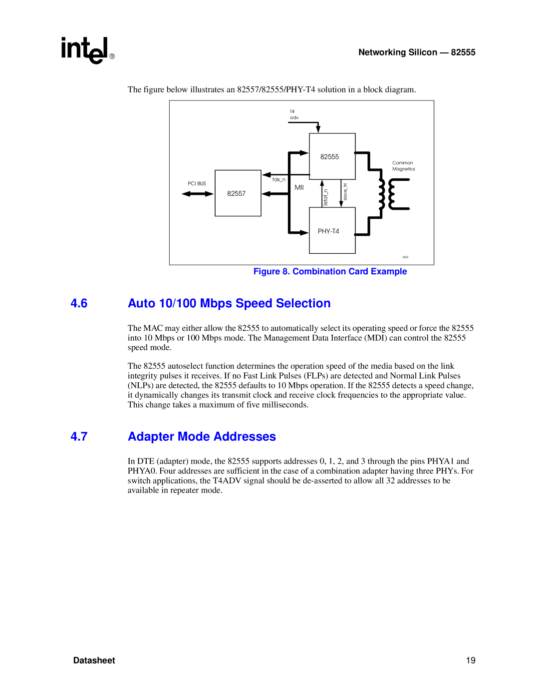 Intel 82555 manual Auto 10/100 Mbps Speed Selection, Adapter Mode Addresses 