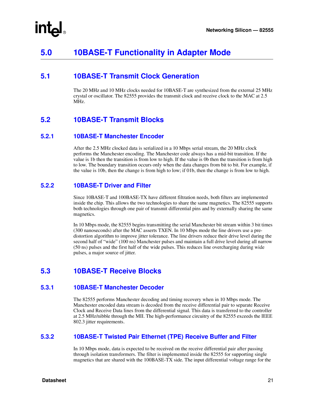 Intel 82555 manual 10BASE-T Functionality in Adapter Mode, 10BASE-T Transmit Clock Generation, 10BASE-T Transmit Blocks 