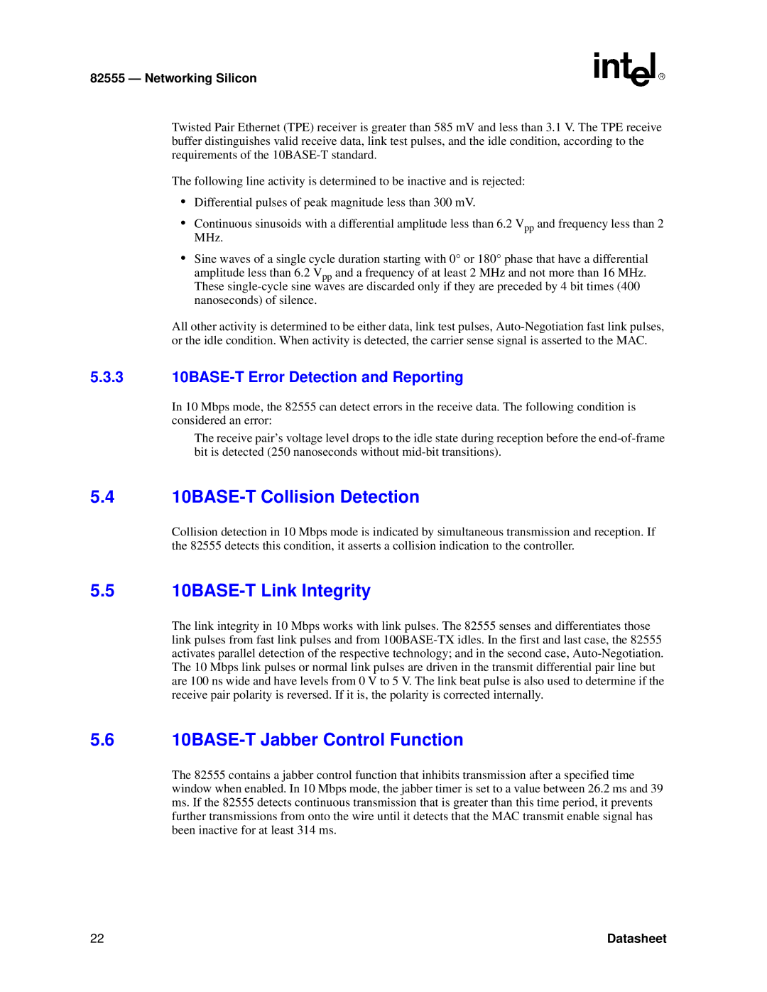 Intel 82555 manual 10BASE-T Collision Detection, 10BASE-T Link Integrity, 10BASE-T Jabber Control Function 