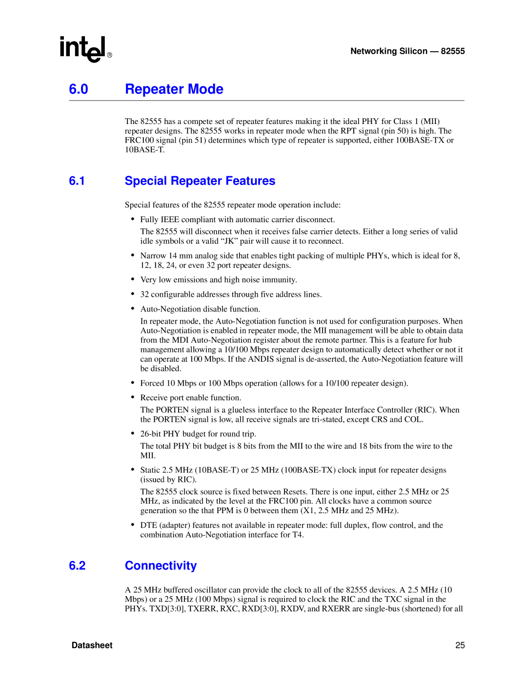 Intel 82555 manual Repeater Mode, Special Repeater Features, Connectivity 