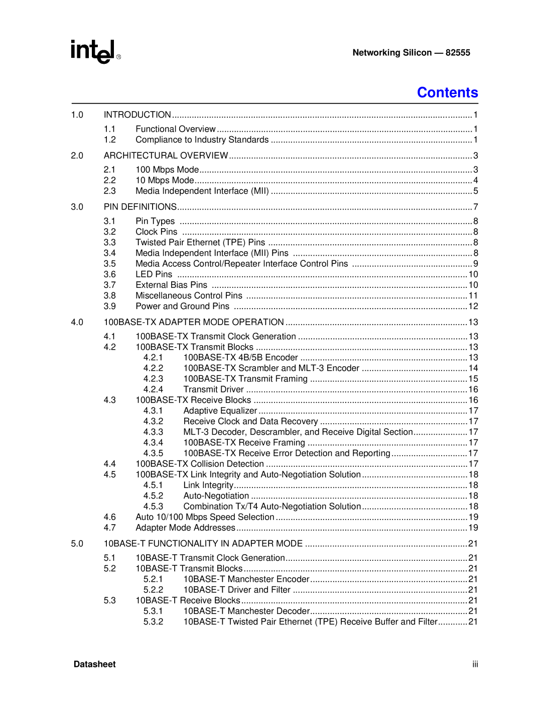 Intel 82555 manual Contents 