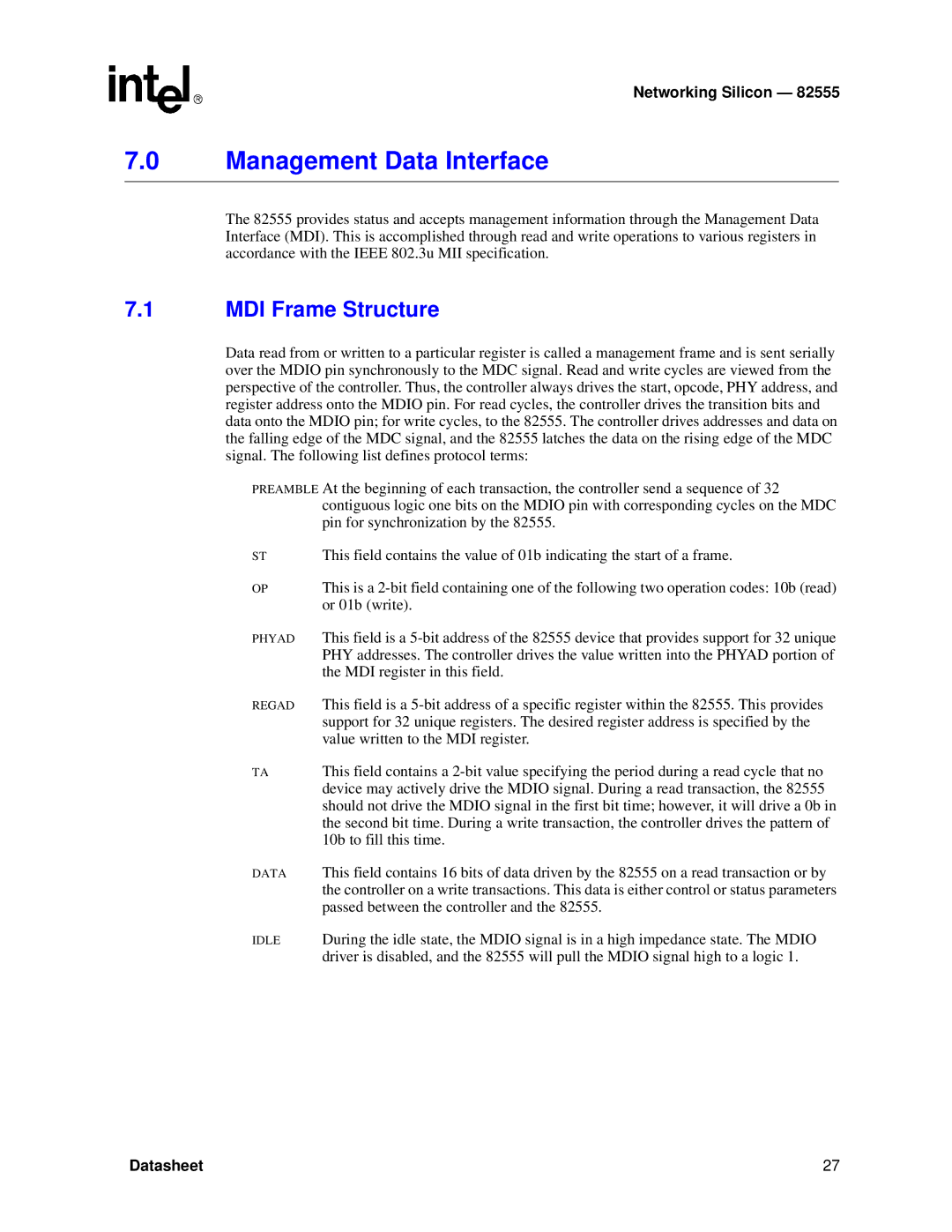 Intel 82555 manual Management Data Interface, MDI Frame Structure 