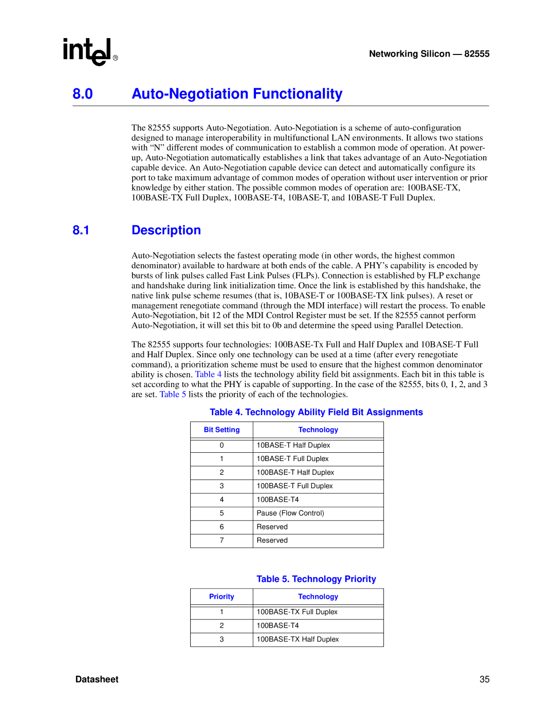 Intel 82555 manual Auto-Negotiation Functionality, Description, Bit Setting Technology, Priority Technology 