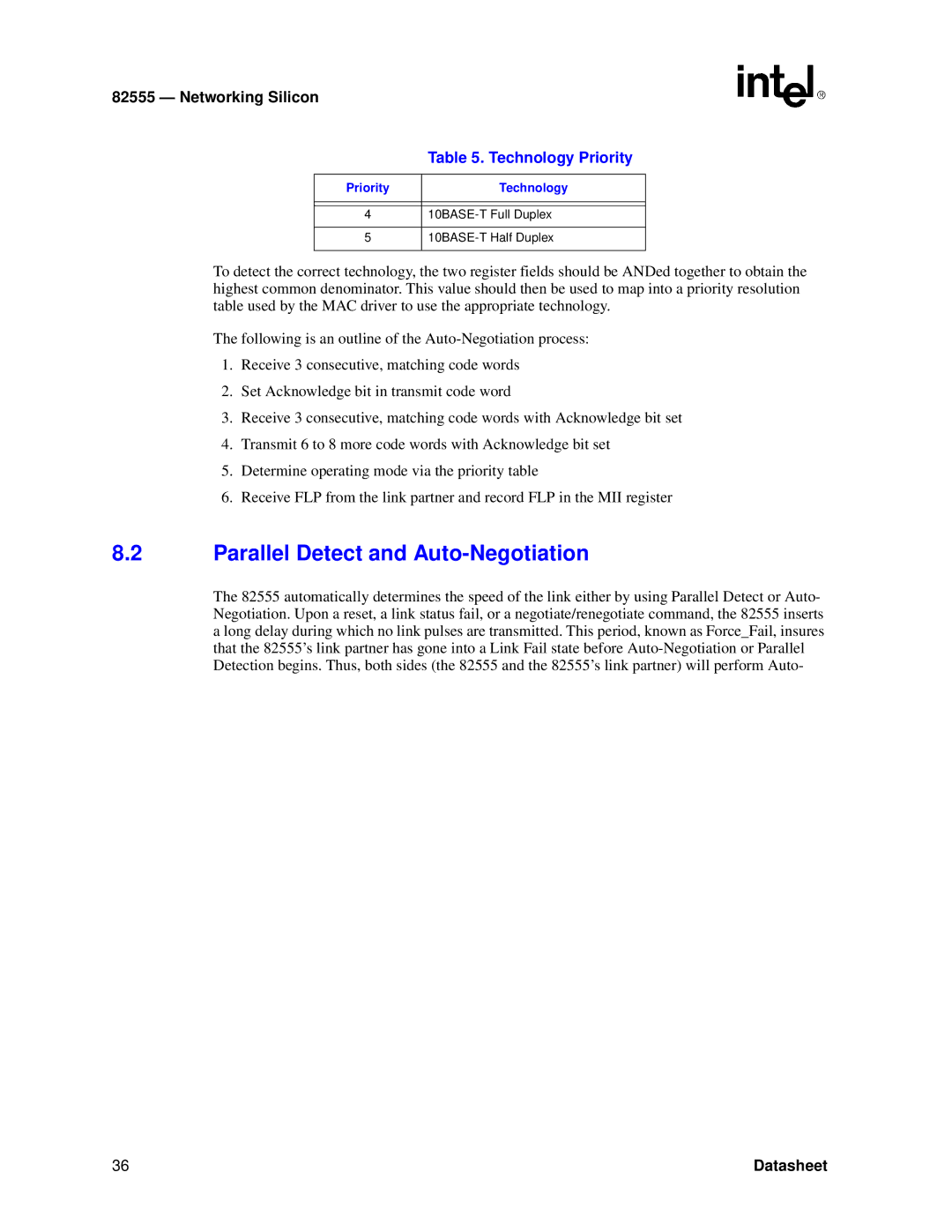 Intel 82555 manual Parallel Detect and Auto-Negotiation, Priority 