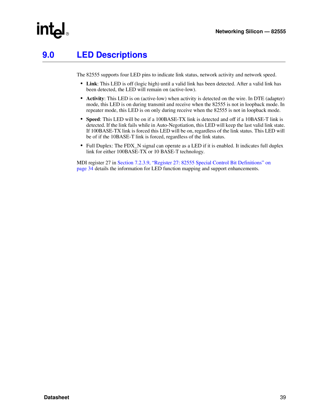 Intel 82555 manual LED Descriptions 