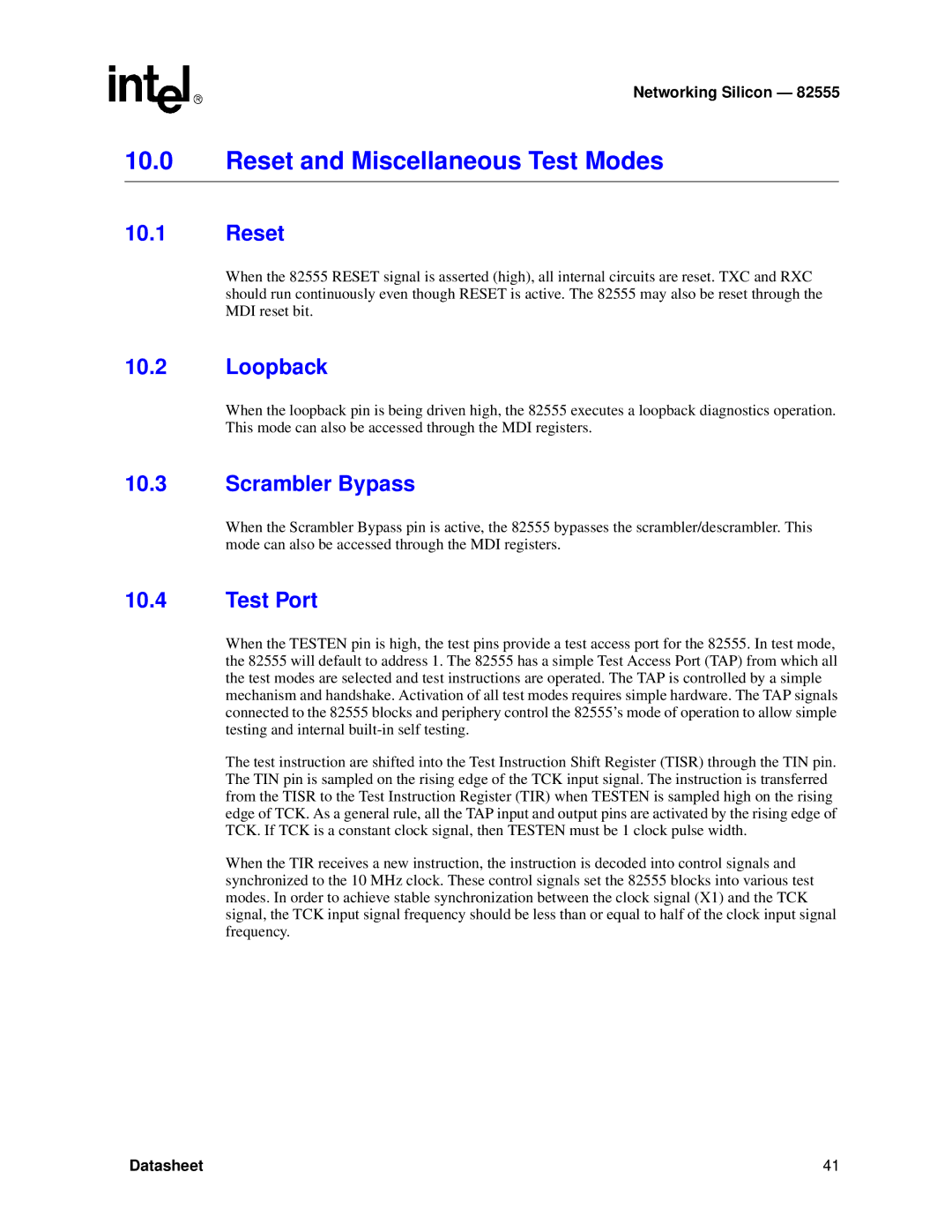 Intel 82555 manual Reset and Miscellaneous Test Modes, Loopback, Scrambler Bypass, Test Port 