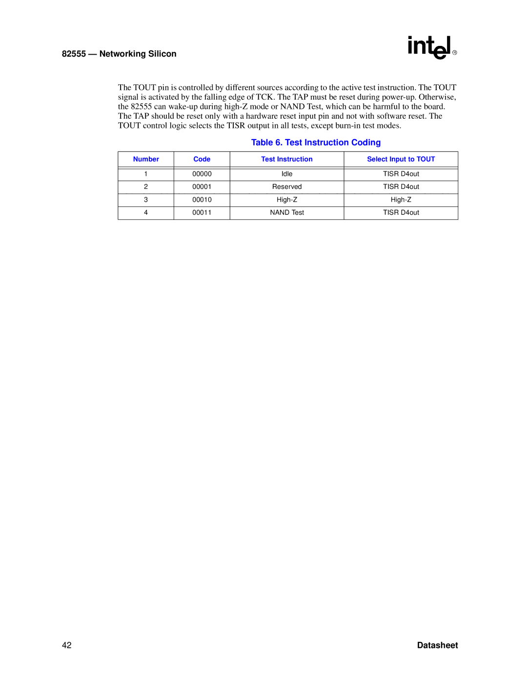 Intel 82555 manual Test Instruction Coding, Number Code Test Instruction Select Input to Tout 