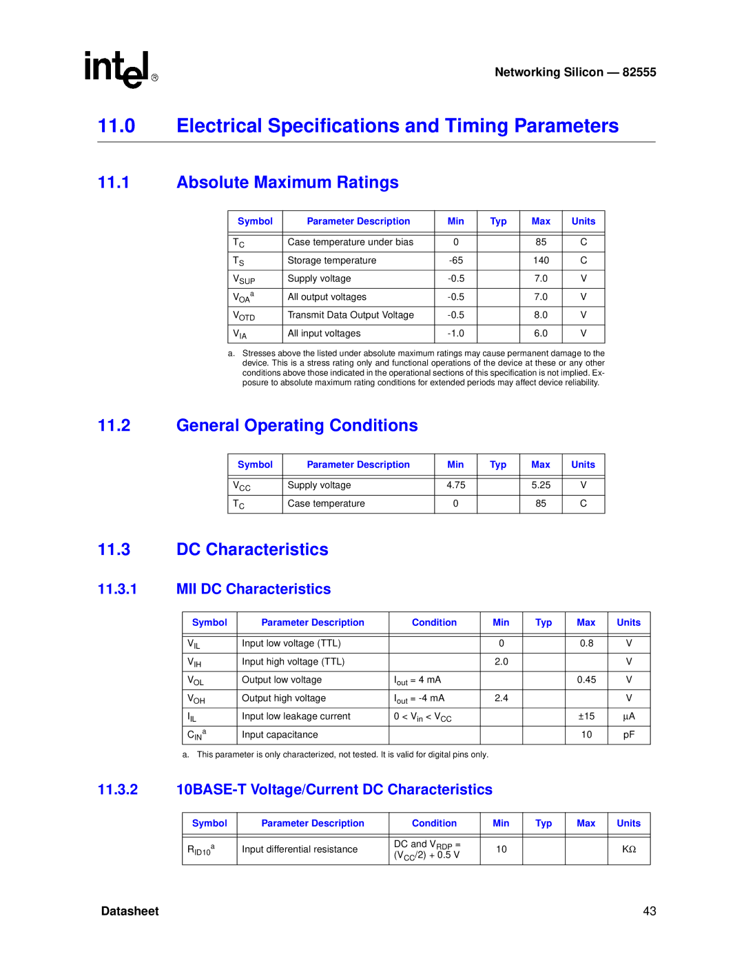 Intel 82555 manual Electrical Specifications and Timing Parameters, Absolute Maximum Ratings, General Operating Conditions 