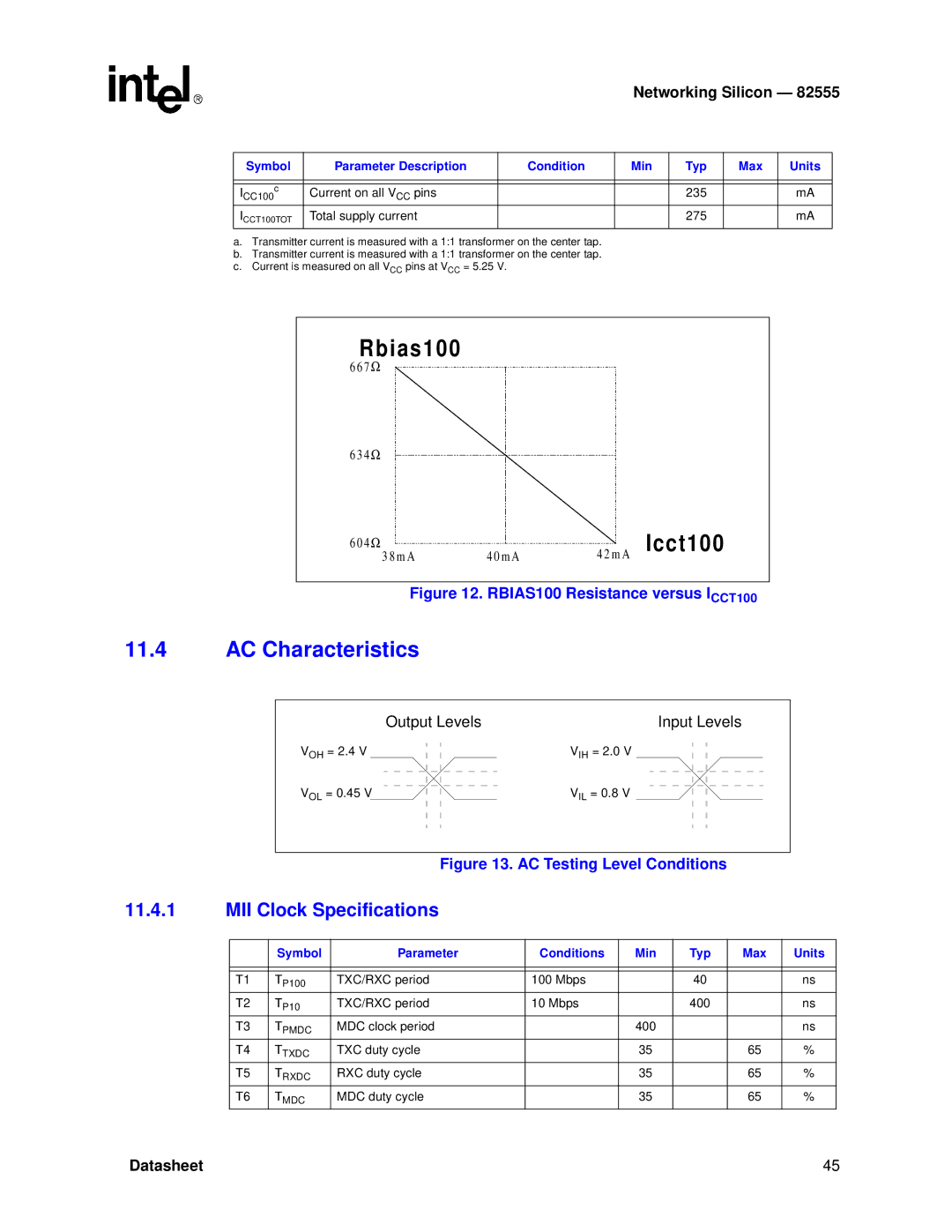 Intel 82555 manual AC Characteristics, MII Clock Specifications, Symbol Parameter Conditions Min Typ Max Units 