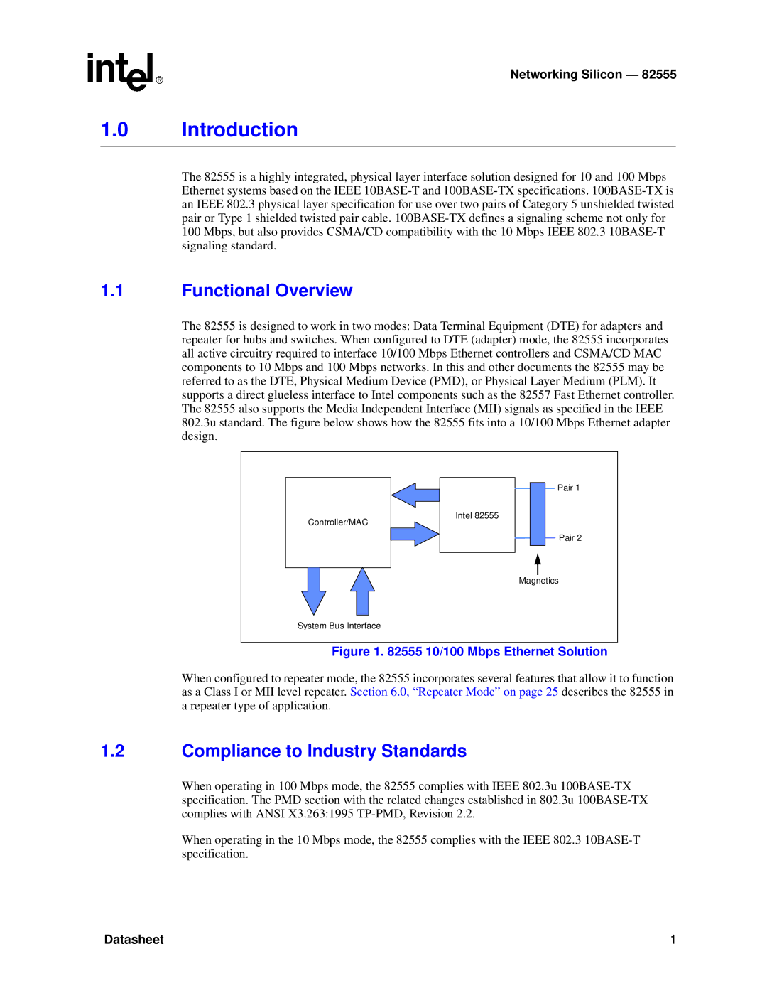 Intel 82555 manual Introduction, Functional Overview, Compliance to Industry Standards 