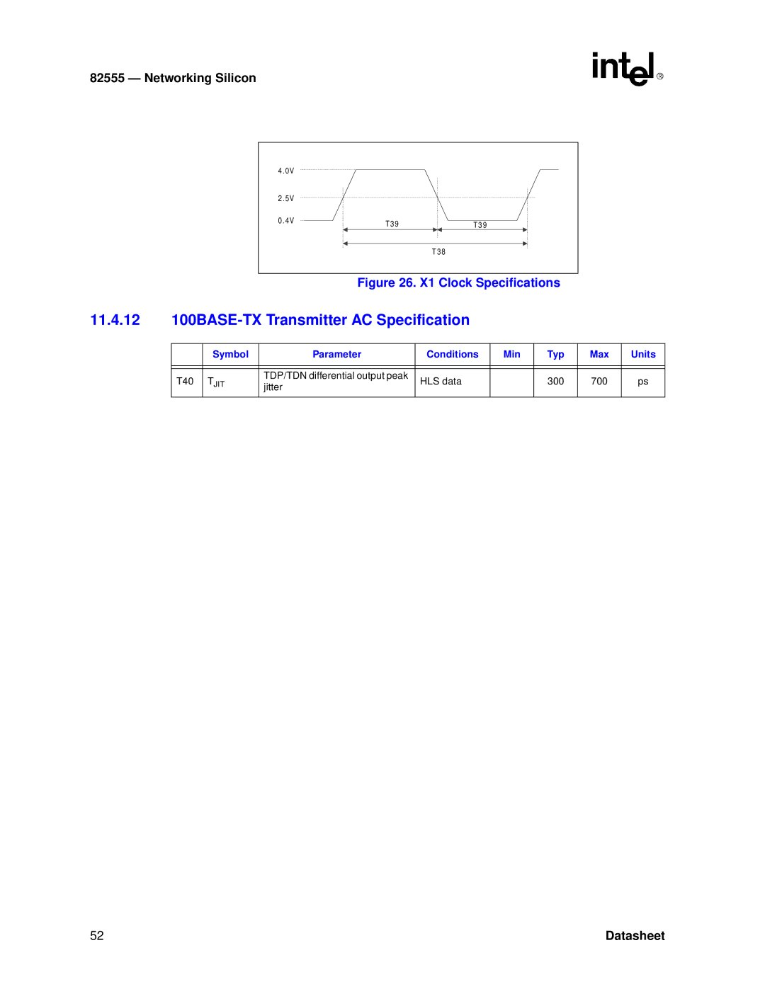 Intel 82555 manual 11.4.12 100BASE-TX Transmitter AC Specification, X1 Clock Specifications 