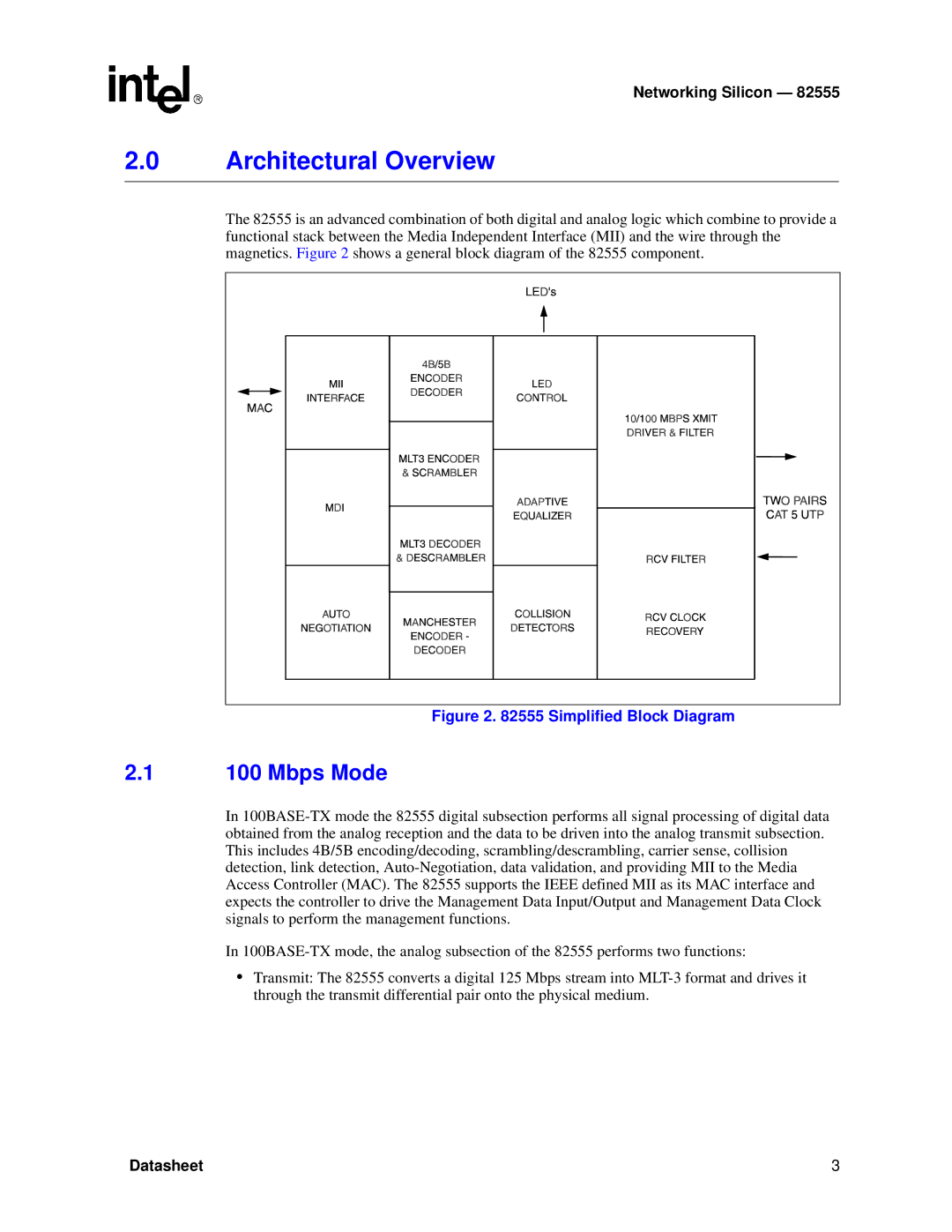 Intel 82555 manual Architectural Overview, Mbps Mode 