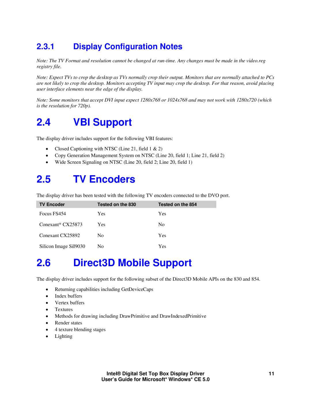 Intel 82854 GMCH, 82830M GMCH manual VBI Support, TV Encoders, Direct3D Mobile Support, Display Configuration Notes 