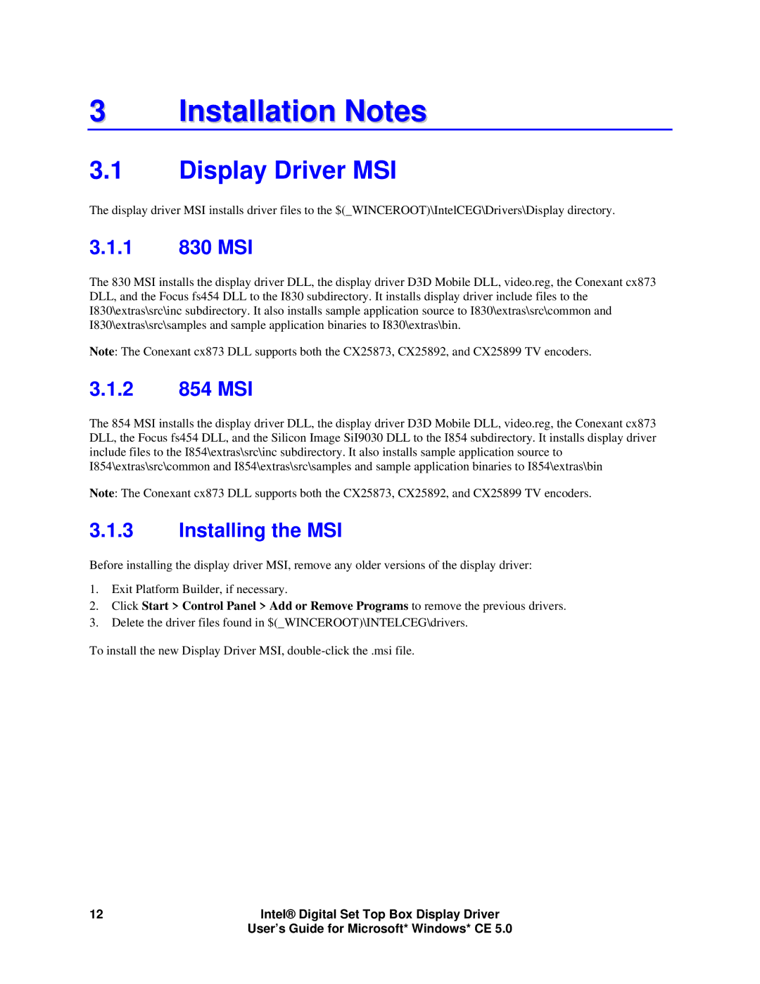 Intel 82830M GMCH, 82854 GMCH manual Installation Notes, Display Driver MSI, 1 830 MSI, 2 854 MSI, Installing the MSI 