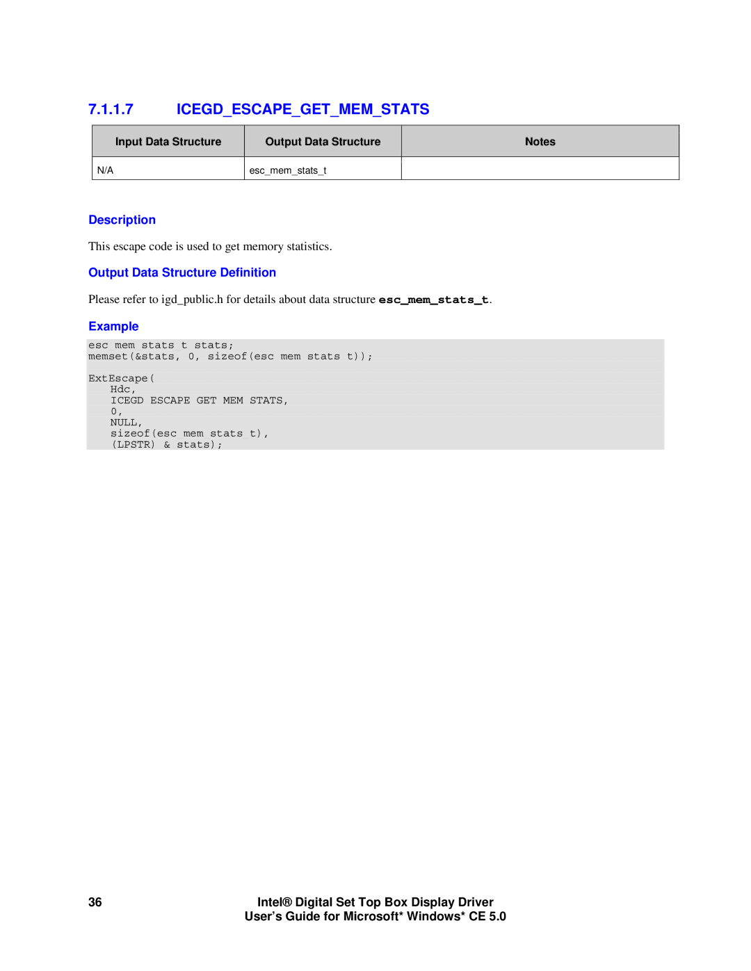 Intel 82830M GMCH, 82854 GMCH manual Icegdescapegetmemstats 