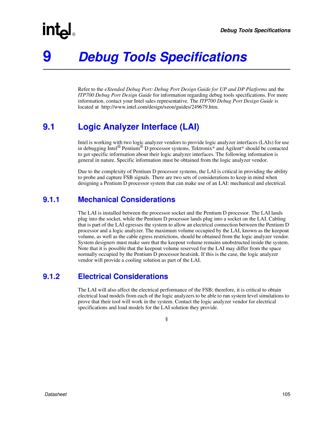 Intel 830 Debug Tools Specifications, Logic Analyzer Interface LAI, Mechanical Considerations, Electrical Considerations 