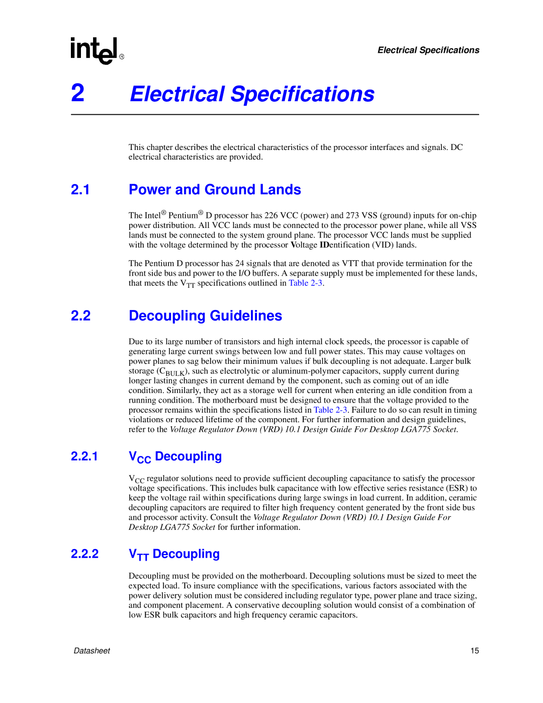 Intel 830 manual Electrical Specifications, Power and Ground Lands, Decoupling Guidelines, VCC Decoupling, VTT Decoupling 