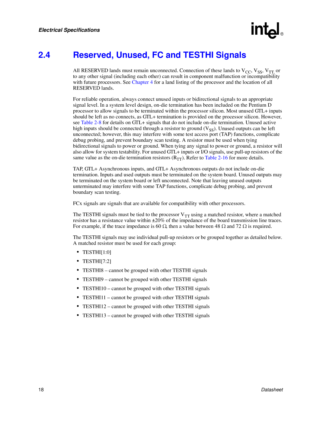 Intel 830 manual Reserved, Unused, FC and Testhi Signals 