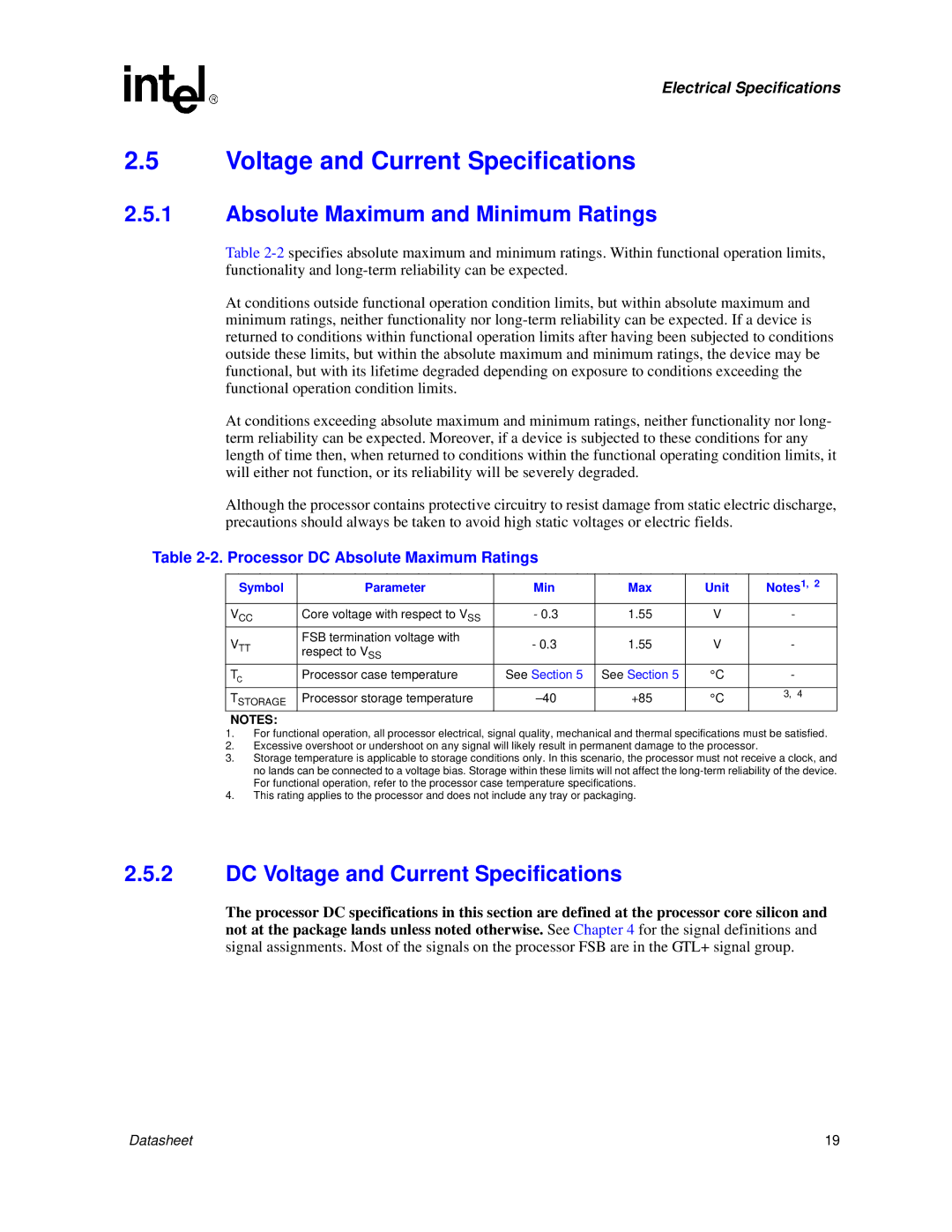 Intel 830 Absolute Maximum and Minimum Ratings, DC Voltage and Current Specifications, Symbol Parameter Min Max Unit 