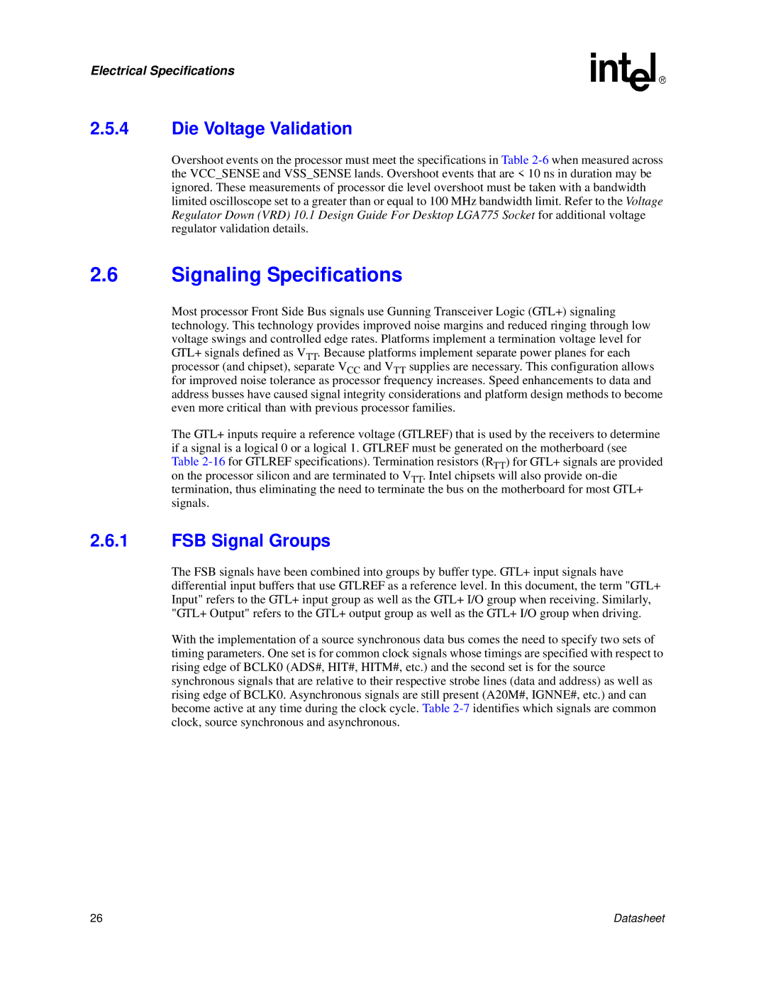 Intel 830 manual Signaling Specifications, Die Voltage Validation, FSB Signal Groups 