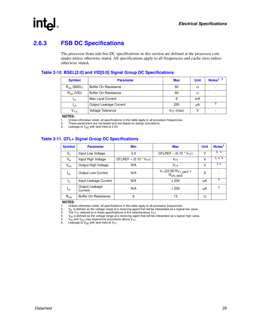 Intel 830 FSB DC Specifications, BSEL20 and VID50 Signal Group DC Specifications, GTL+ Signal Group DC Specifications 