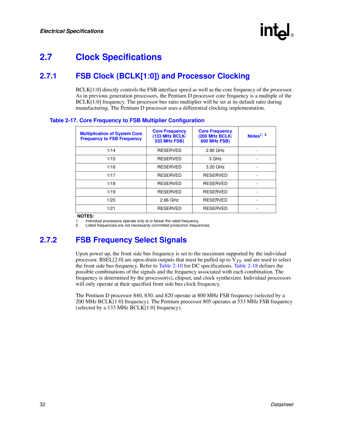 Intel 830 Clock Specifications, FSB Clock BCLK10 and Processor Clocking, FSB Frequency Select Signals, Core Frequency 