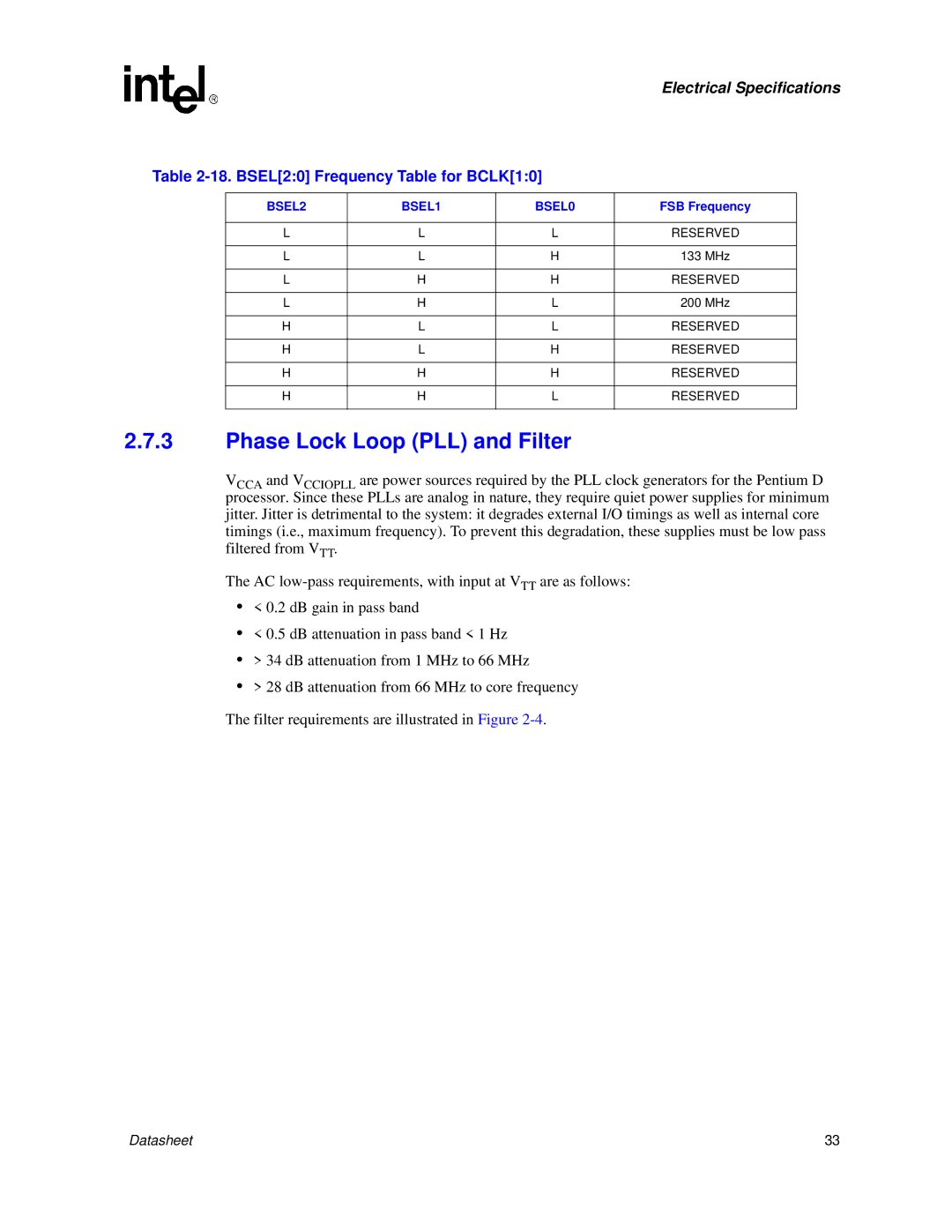 Intel 830 manual Phase Lock Loop PLL and Filter, BSEL20 Frequency Table for BCLK10, FSB Frequency, 133 MHz, 200 MHz 