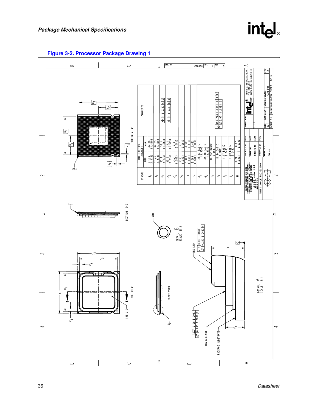 Intel 830 manual Processor Package Drawing 