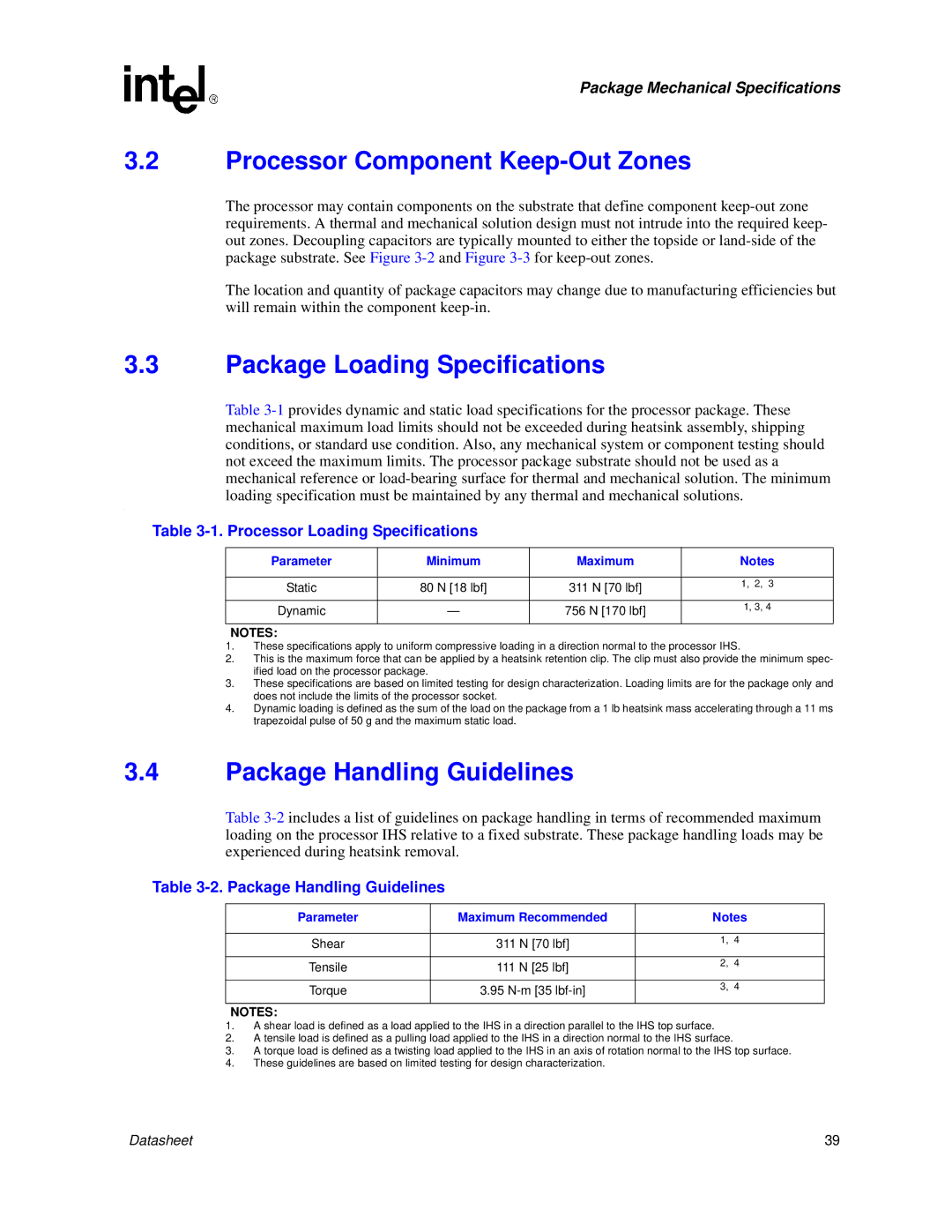 Intel 830 manual Processor Component Keep-Out Zones, Package Loading Specifications, Package Handling Guidelines 