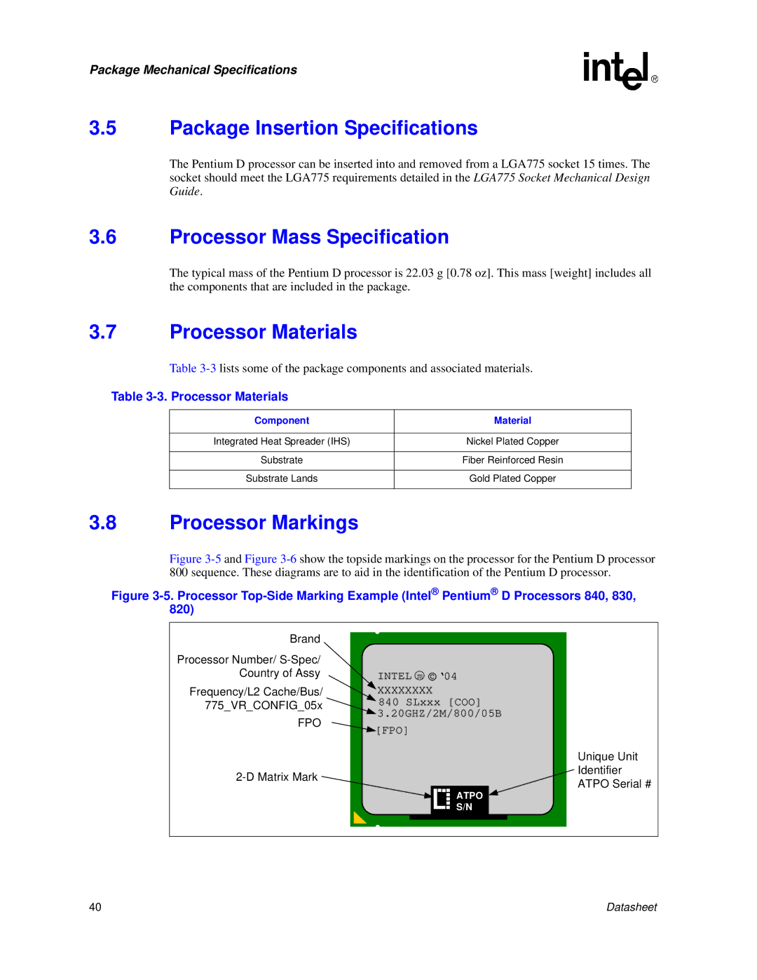 Intel 830 manual Package Insertion Specifications, Processor Mass Specification, Processor Materials, Processor Markings 