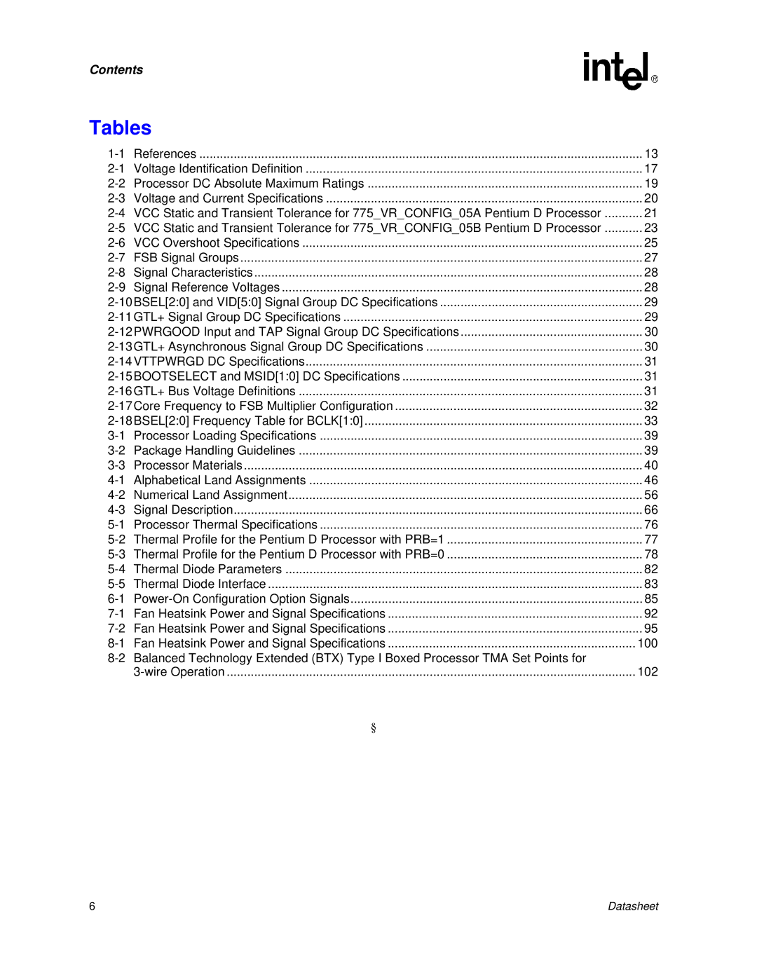 Intel 830 manual Tables 